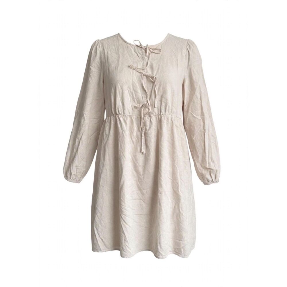 Zesica Plus Size Long Sleeve Tie-Front Dress in Cream XL